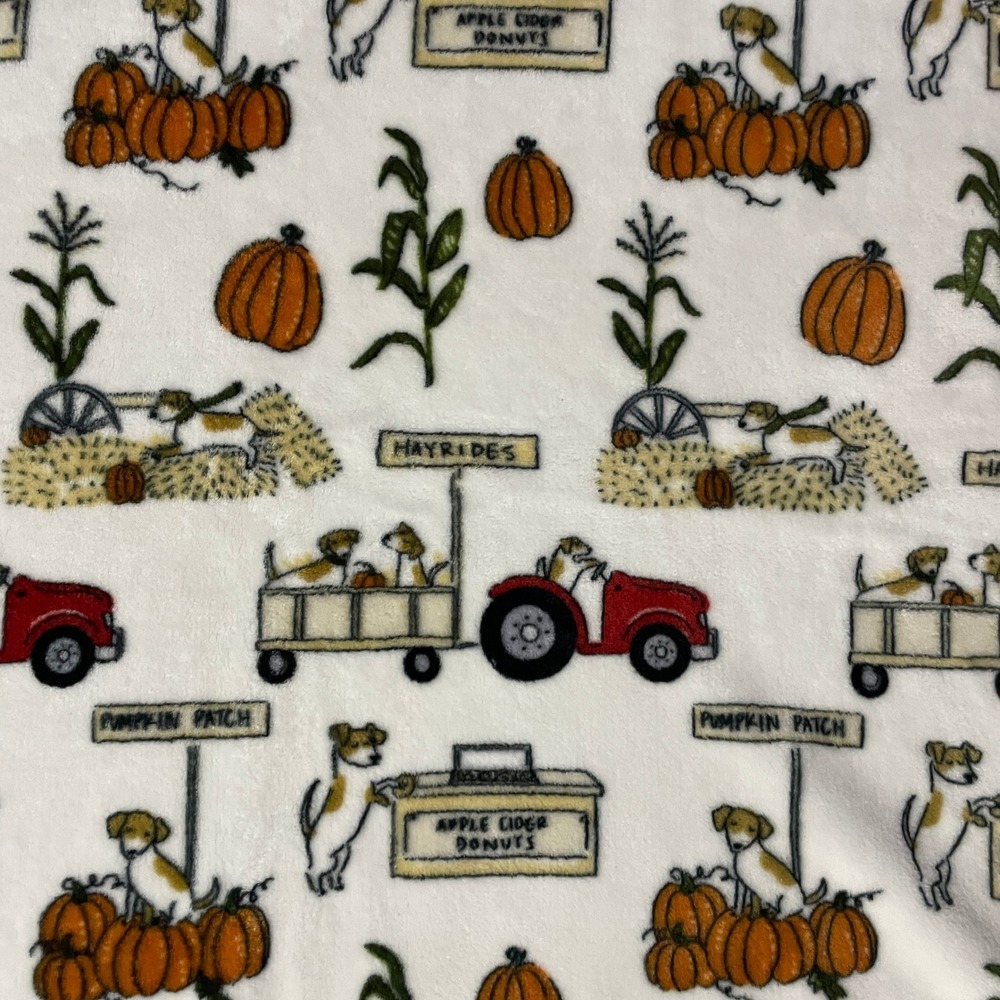 Fall Harvest Plush Fleece Throw Blanket Size 56x68 White Pumpkin Dog Tractor